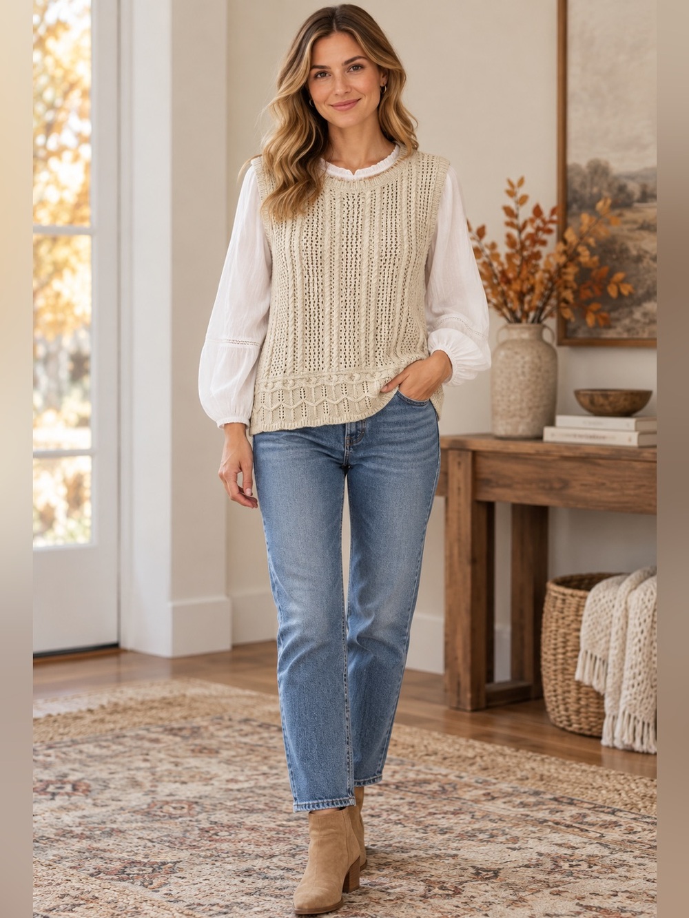 KIRUNDO NWT Cream Cable Knit Open Stitch Sweater Vest Size M